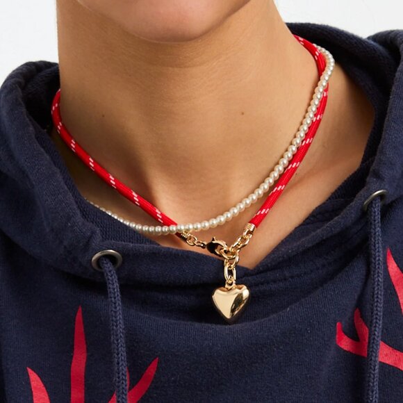 Roxanne Assoulin Gold Heart Necklace with Red Cord and Pearls - Picture 1 of 4